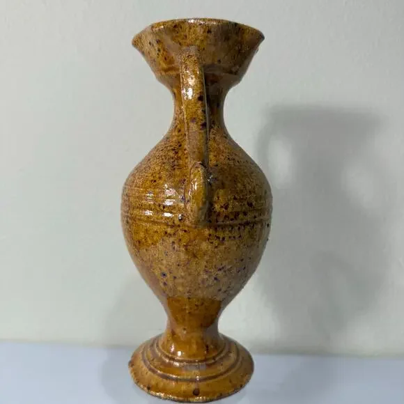 Vintage 1950's Toledo Spain Brown Yellow Speckled Glazed Pottery Vase 2 Handles